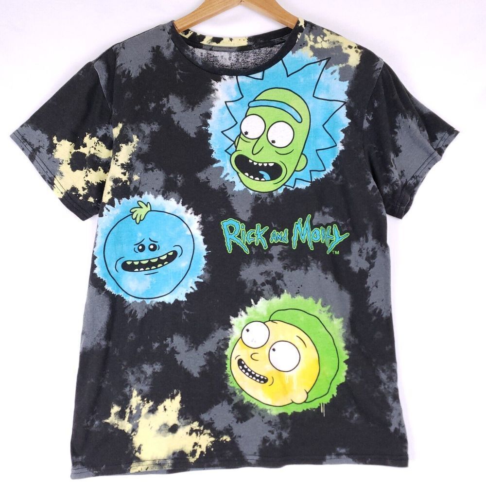 Rick And Morty T-Shirt Womens Large Tie Dye Black Gray Spell Out Characters